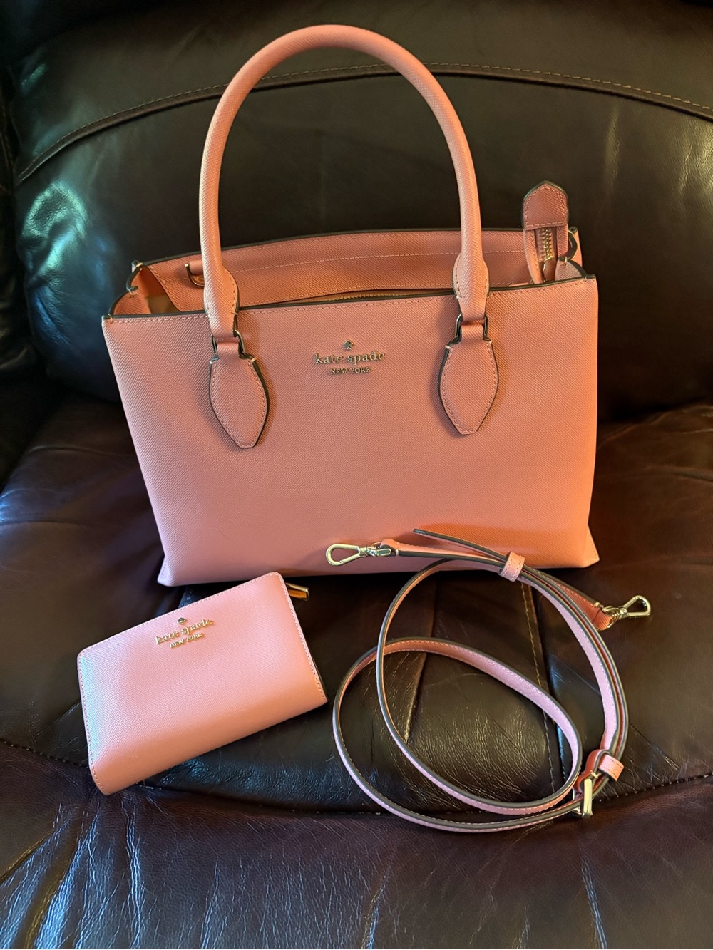 kate spade pink leather satchel with matching wallet and strap